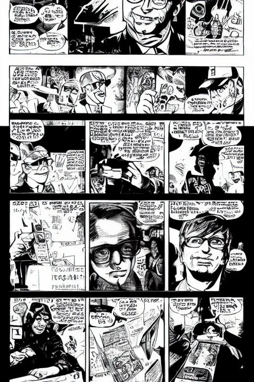 Image similar to bill gates presenting the microsoft xbox at ces 2 0 0 1, a page from cyberpunk 2 0 2 0, style of paolo parente, style of mike jackson, adam smasher, johnny silverhand, 1 9 9 0 s comic book style, white background, ink drawing, black and white