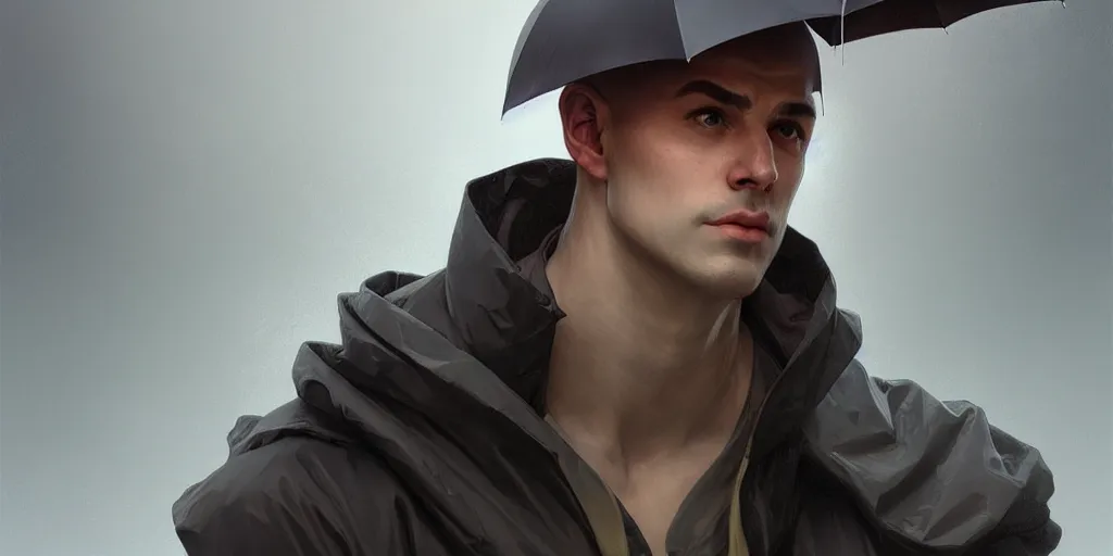 Image similar to european ( ( ( ( bald young man ) ) ) ) dressed in raincoat, male, clear face, masculine, upper body, highly detailed, digital painting, artstation, concept art, matte, sharp focus, illustration, art by artgerm and greg rutkowski and alphonse mucha