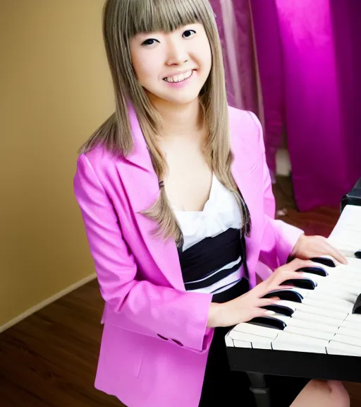 Prompt: a professional portrait photograph of kaede akamatsu, an eighteen year old japanese woman with blonde shoulder - length hair, an ahoge, musical note hairpins, a pink blazer, a white backpack, purple contact lenses, and a kind smile, beautiful features, pianist, at her piano