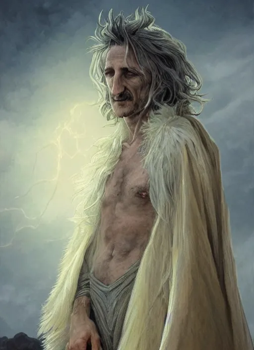 Image similar to Portrait of Sean Penn, white glowing eyes, silver shaggy hair, cloak, ethereal wings, male, fantasy, extremely detailed, digital painting, artstation, concept art, smooth, sharp focus, illustration, stunning lighting, art by artgerm and greg rutkowski and alphonse mucha and simon stalenhag, realistic character concept, high fantasy, light atmosphere, golden ratio, cinematic lighting, hyperdetailed, high resolution, insanely detailed and intricate, artstation, Marc Simonetti, Greg Rutkowski, 8k