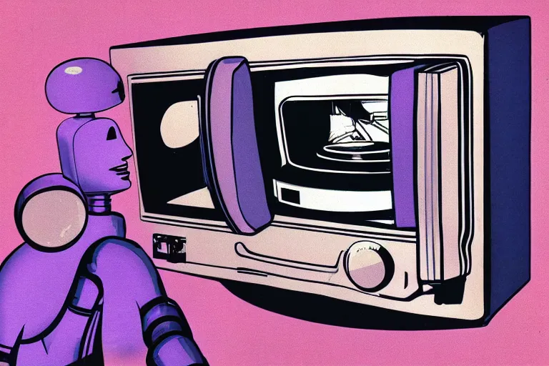 Image similar to retro robot sticking her head inside of a microwave, from 2001, bathed in the glow of a crt television, low-light photograph, in the style of jack bridgeland