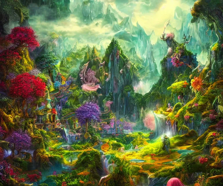 Prompt: a mystical wonderland, high fantasy, magical elements, vibrant colors, lush landscape, sharp details, high res