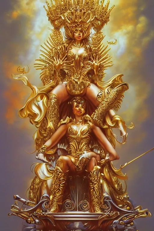 Image similar to airbrush painting of an amazing magic golden queen seated over a fantasy throne, by hajime sorayama and boris vallejo, realistic, hyperdetailed, centered, trending on artstation,