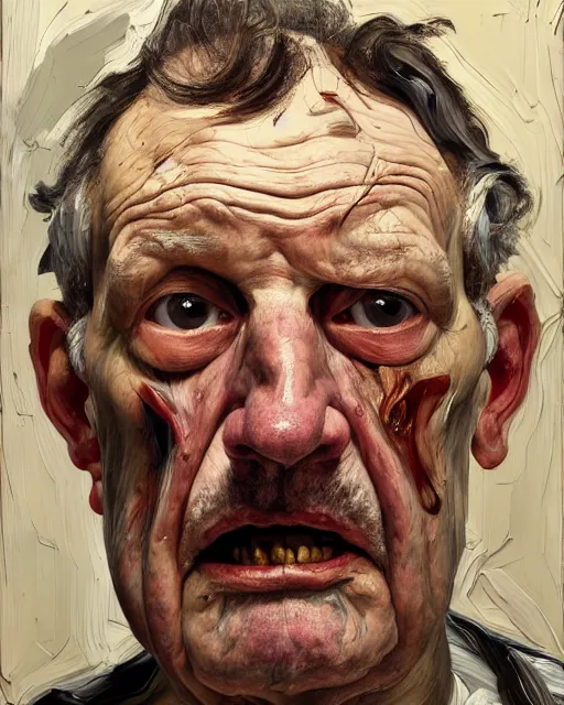 Image similar to an extreme close up portrait a very ordinary old man with an angry expression, side angle, by Lucian Freud and Jenny Saville, oil painting, anatomically correct, beautiful perfect face, visible brushstrokes, sharp focus, Highly Detailed, Cinematic Lighting, 8k, HD