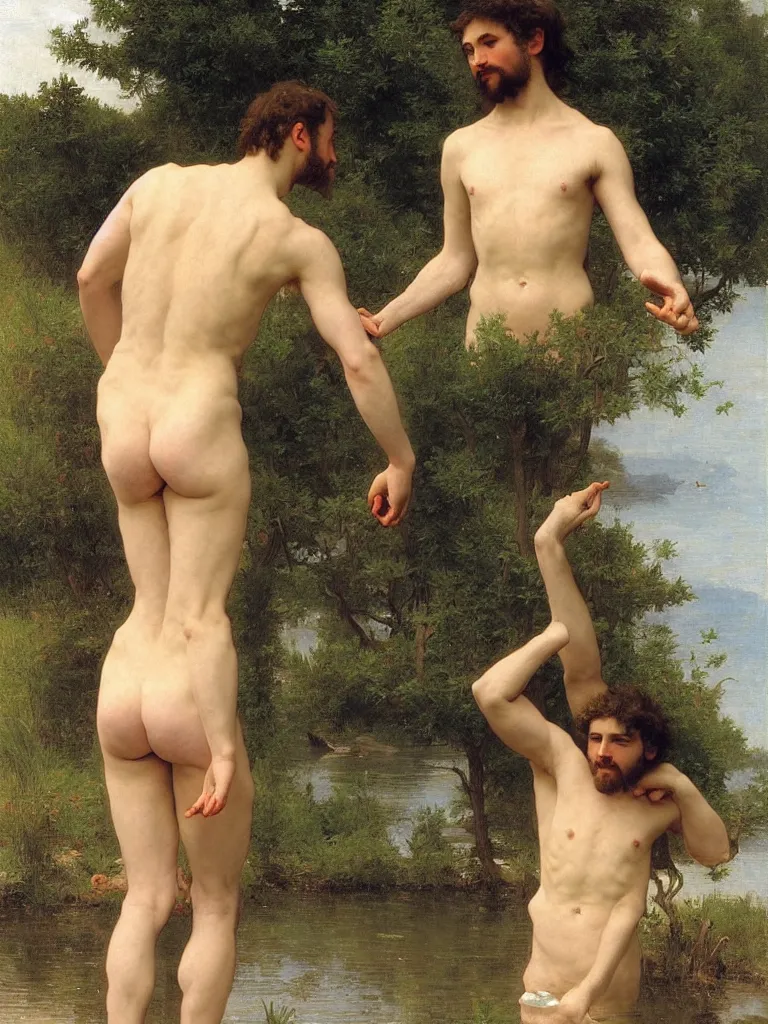 Image similar to perfect young hairy man bathing by the lake, the water is sparkling and shimmering, by bouguereau and by andrey remnev