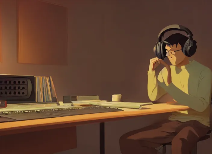 Image similar to man with headphones at his home studio producing music late at night, very detailed, 4 k, cory loftis, james gilleard, atey ghailan, makoto shinkai, goro fujita, studio ghibli, rim light, exquisite lighting, clear focus, very coherent