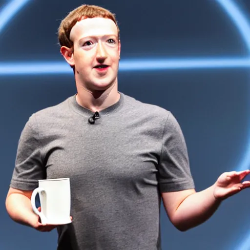 Image similar to mark zuckerberg holding circular wooden coaster and cup up to the camera