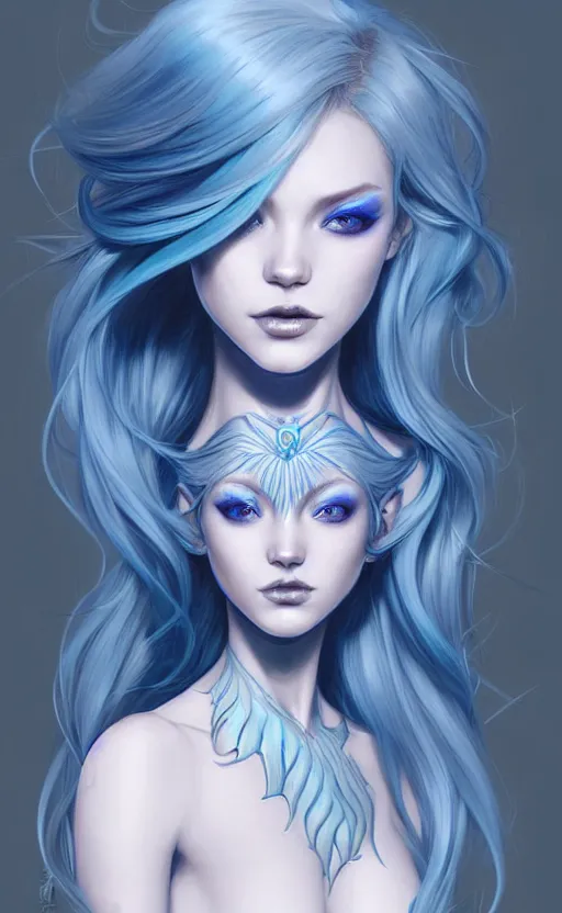 Prompt: beautiful concept art, character design sheet, beautiful blue hair mermaid girl with a blue skin and gorgeous faces, high fashion, fantasy, intricate, elegant, highly detailed digital painting, artstation, concept art, smooth, sharp focus, illustration, beautiful light and shadows, art by artgerm and greg rutkowski and lin hsiang and krenz cushart and wlop