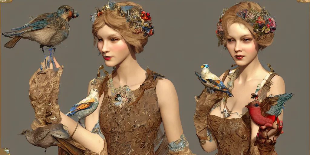 Prompt: face 3 d render of english princess holding birds, ornaments, mucha vibe, dieselpunk, solarpunk, artstation