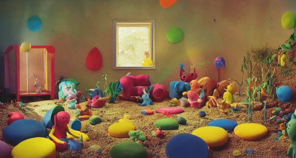 Image similar to IKEA catalogue photo, colorful children's bedroom, rainbow, toys, sand piled in corners, dust, organic, vines, overgrown, tropical, by Beksiński