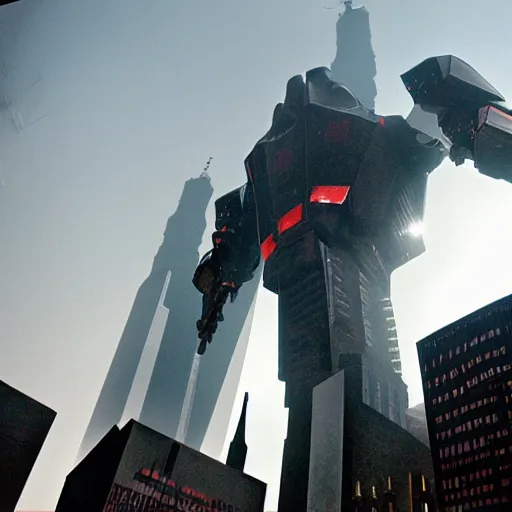 Prompt: the twin towers transformed into giant robots with arms and legs