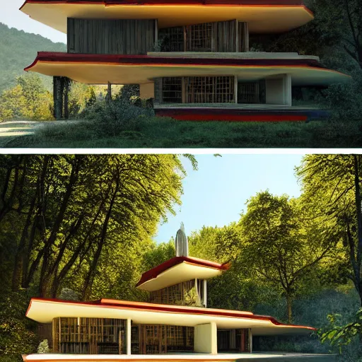 Prompt: modernist house inspired by a tibetan palace on a hill, big green trees, colorful clouds, dramatic lighting, artstation, matte painting, raphael lacoste, simon stalenhag, frank lloyd wright, zaha hadid