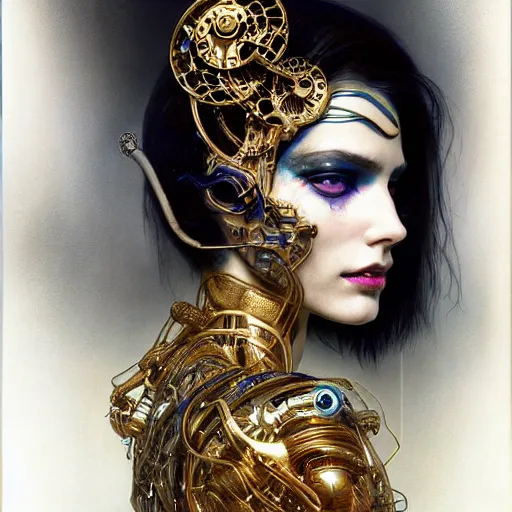 Image similar to extremely psychedelic beautiful cyborg queen of lsd infected by night. intricate, elegant, highly detailed, extremely lifelike photorealistic digital painting, artstation. steichen, gaston bussiere, tom bagshaw, cyberpunk alphonse mucha. elegant minimalism. anatomically correct. sultry rage. sharp focus. gold and black, white accents. lifelike