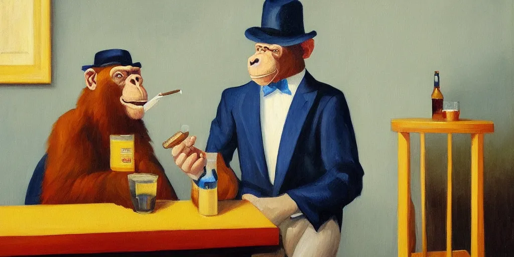 Image similar to Painting in the style of Edward Hopper featuring a chimp sitting at a bar, wearing a suit and a hat, smoking a cigar and drinking whisky. Rainy weather