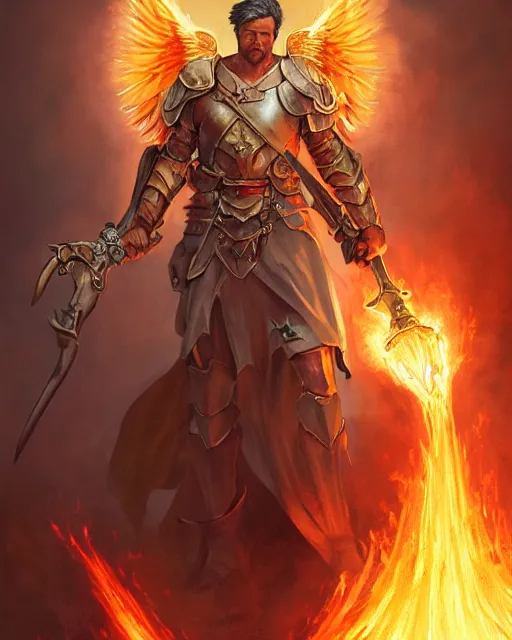 Prompt: character portrait of a brawny male angel of justice, with fiery golden wings of flame, wearing shining armor, wielding a flaming sword and shield, by peter mohrbacher, mark brooks, jim burns, wadim kashin, greg rutkowski, larry elmore, trending on artstation