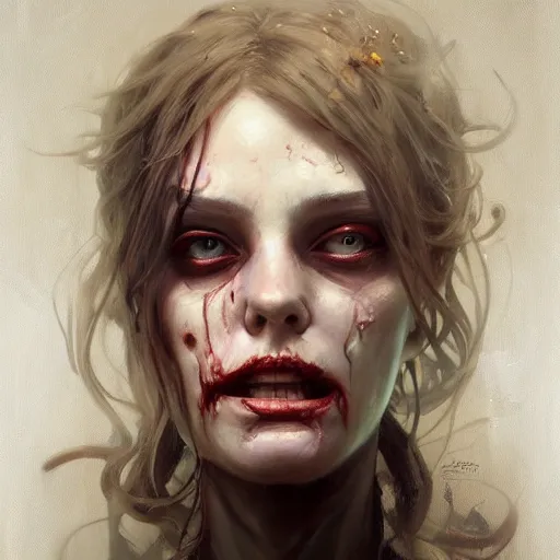 Image similar to beautiful zombie, oil painted character portrait, highly detailed, digital painting, artstation, concept art, sharp focus, illustration, art by artgerm and greg rutkowski and alphonse mucha