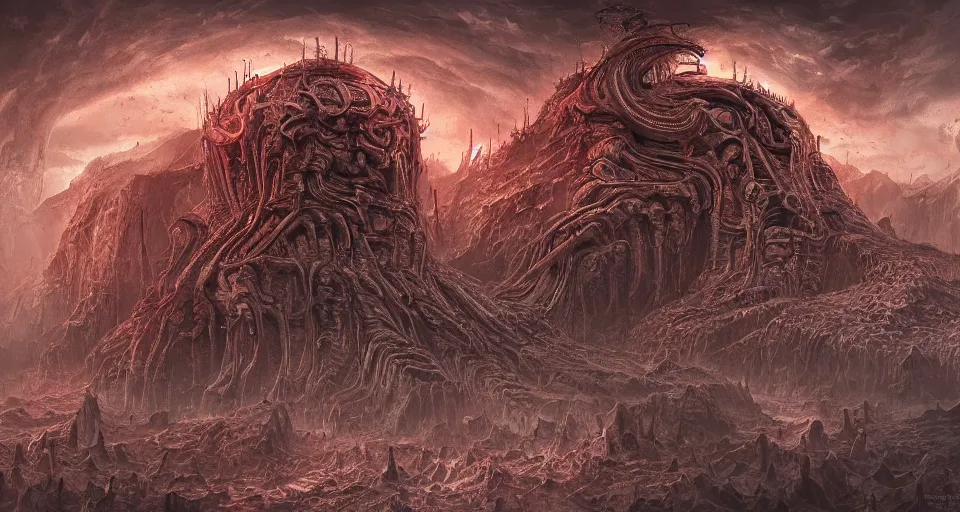 Image similar to the never-ending infinite hellscape, intricate, horrific, hellish, maddening, digital painting, artstation, concept art, smooth, sharp focus, illustration, art by H. R. Giger