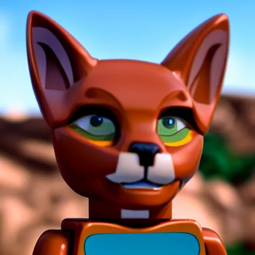 Image similar to lego cute caracal talking to a mr cute caracal head pixar animation super - fine detail uplight cinematic hd