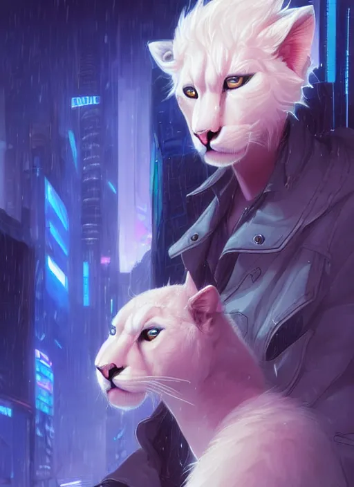 Prompt: award winning beautiful portrait commission of a male furry anthro albino mountain lion fursona with a tail and a cute beautiful attractive detailed furry face wearing stylish cyberpunk clothes in a cyberpunk city at night while it rains. Blue and pink. Character design by charlie bowater, ross tran, artgerm, and makoto shinkai, detailed, inked, western comic book art