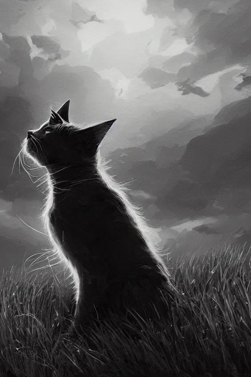 Prompt: highly detailed painting of a black-and-white cat, cinematic lighting, dramatic atmosphere, by Dustin Nguyen, Akihiko Yoshida, Greg Tocchini, Greg Rutkowski, Cliff Chiang, 4k resolution, luminous grassy background