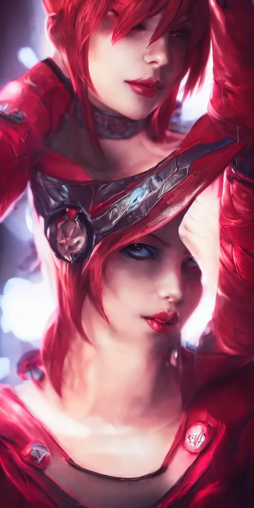 Image similar to a girl with short red hair, cool, vi from arcane, league of legends, fighter, cool red jacket, tattoo, beautiful, 3 d, potrait, art staion, studio light, closeup shot, octane render, wlop, realistic, neon