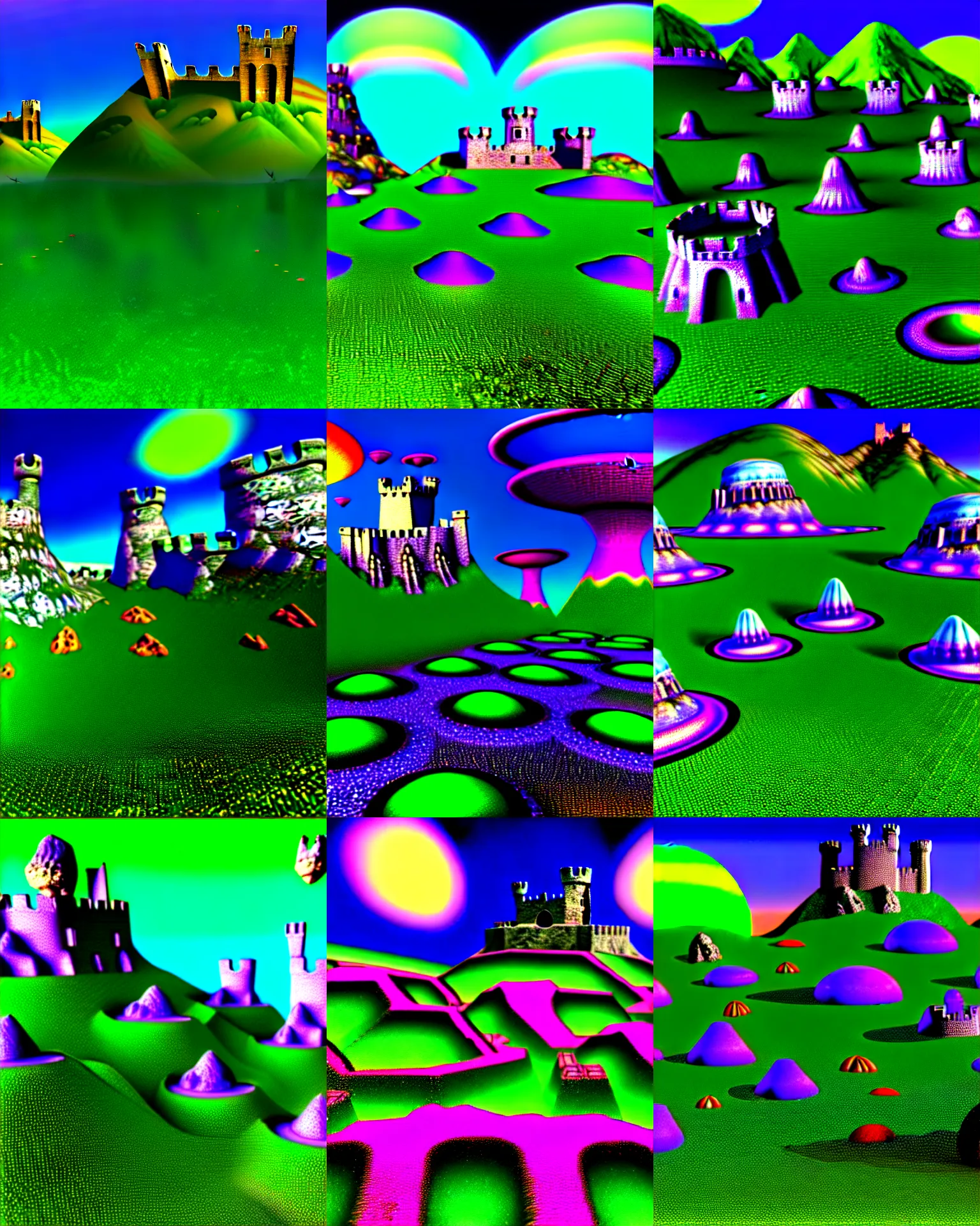 Prompt: early 3 d cgi render of cybernetic mountain landscape with castle ruins with alien ufos against a psychedelic surreal background with 3 d butterflies and 3 d flowers n the style of lsd dream emulator psx, wide shot