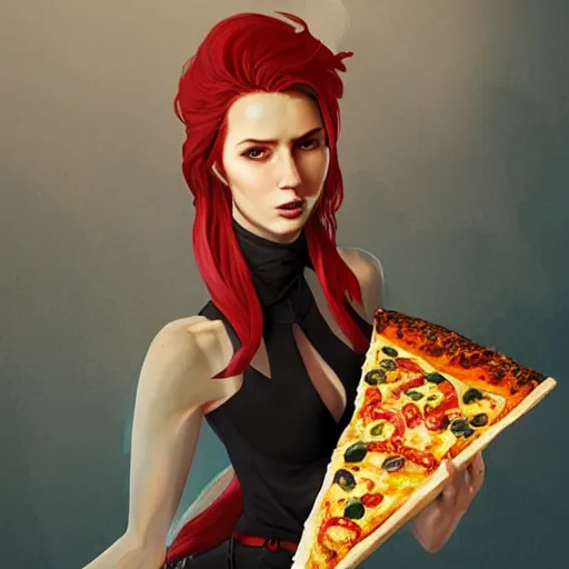 Image similar to skinny pale lady in black dress with red hair holding pizza, Apex Legends character, digital illustration portrait design, by android jones and greg rutkowski, retrowave color scheme, detailed, cinematic lighting, wide angle action dynamic portrait