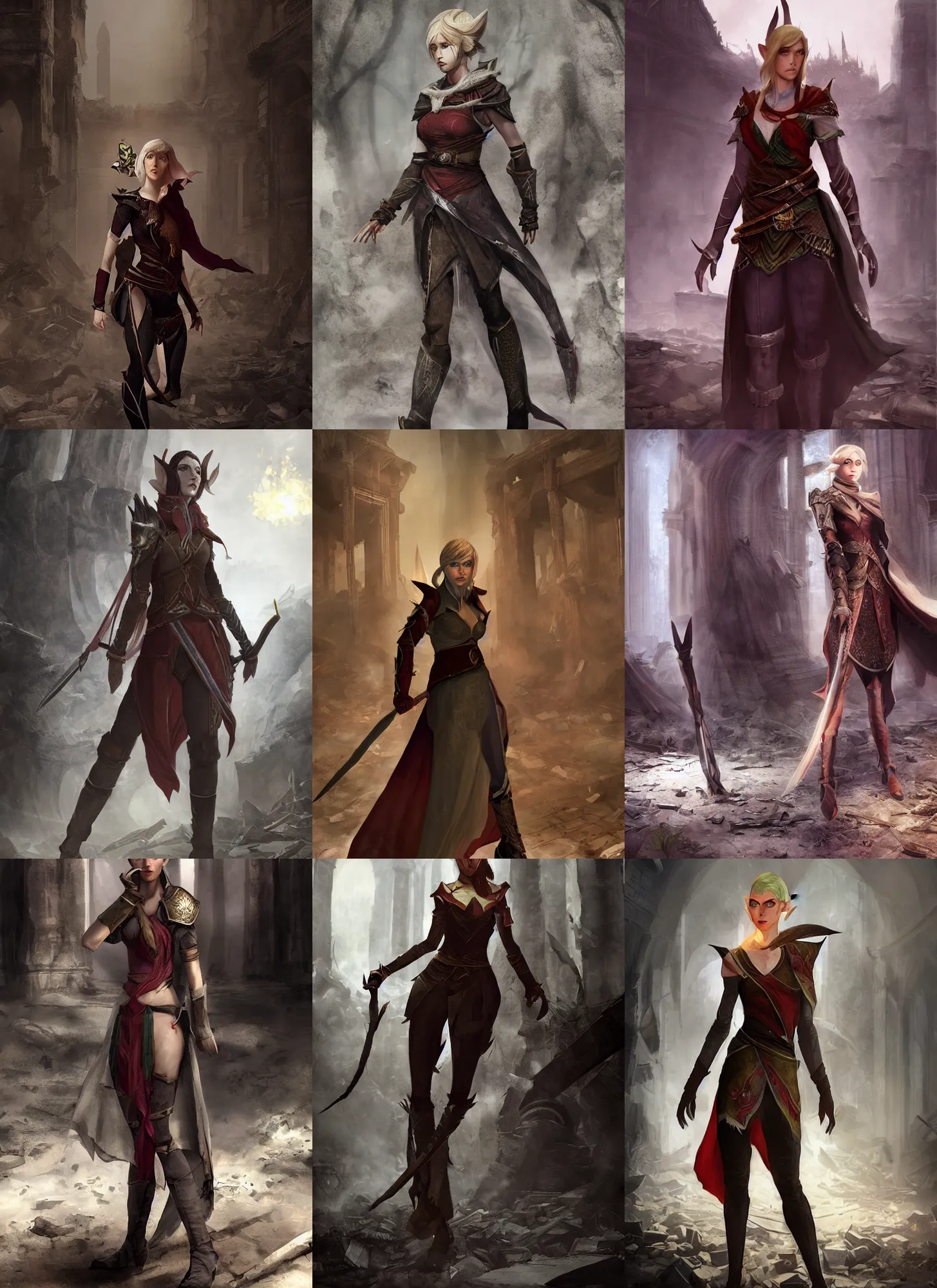 Prompt: full body character portrait of a female elf lavellan with a realistically proportioned face from dragon age walking through a destroyed temple wearing assassins clothes, dragon age concept art, dragon age, illustration, digital painting, realistic lighting, photorealistic eyes, good value control, realistic shading, john singer sargent