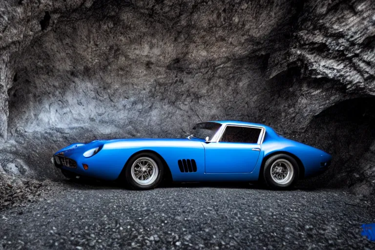 Prompt: cinematography of Ferrari 250 GTO series 2 in a blue glacier cave by Emmanuel Lubezki