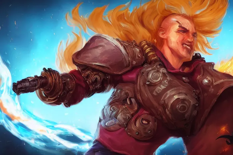 Image similar to Digital art of Lucius with fluffy curly blond hair, throwing a wild fire blast from his hands, with a vicious smile in face. Genetically engineered super soldier in a scorched land with a black roiling sky. Epic artstation league of legends splash art