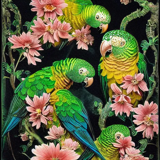 Image similar to beautiful elegant ernst haeckel!!!! illustration of many green cheek conures!!!!!! and flowers, ( green cheek conure ) ( green cheeked parakeet ) ( pyrrhura molinae )