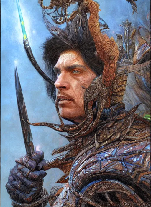 Image similar to a hyperrealistic and detailed paintbrush portrait of a male sorcerer warrior, art by donato giancola and bayard wu and gustav moreau and wayne barlowe