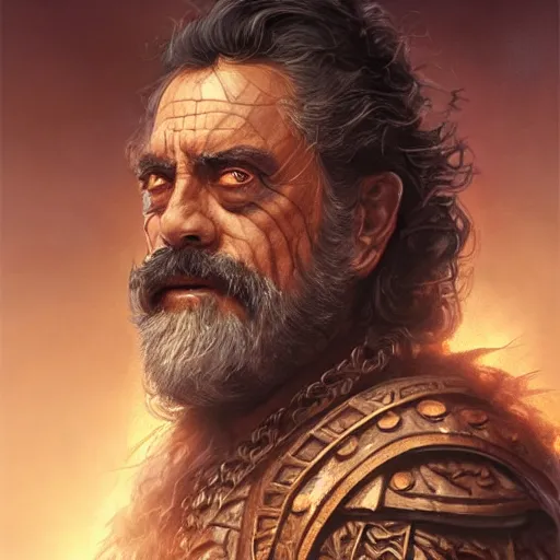 Image similar to emperor of the underworld, ian mcshane, curly black beard, d & d, fantasy, portrait, highly detailed, digital painting, trending on artstation, concept art, sharp focus, illustration, art by artgerm and greg rutkowski and magali villeneuve