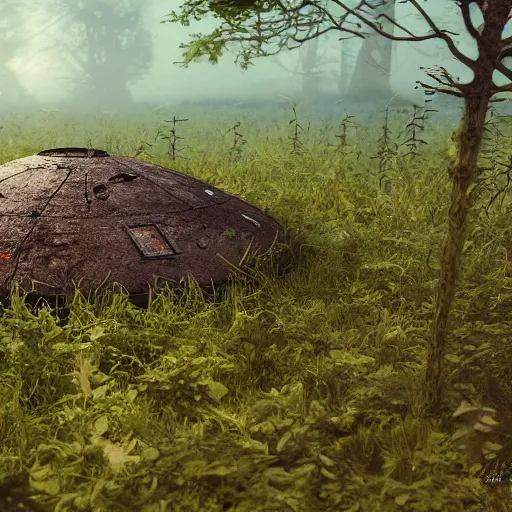 Prompt: abandoned UFO surface covered with vegetation,artstation