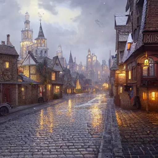 Image similar to an ultra detailed matte painting of the quaint town of galic, grid shaped city cobblestone streets, fantasy city, light snowfall, wind, inspiring gothic architecture, ultrawide lense, aerial photography, unreal engine, exquisite detail, 8 k, art by greg rutkowski and alphonse mucha