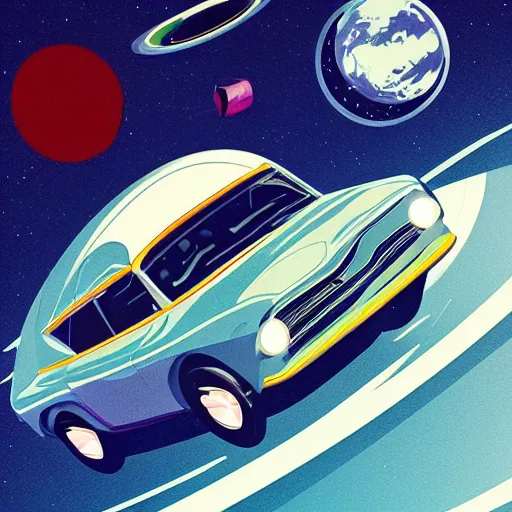 Image similar to retro - futurism, car in space