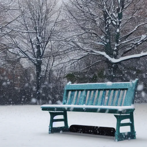 Image similar to a park bench under falling snowflakes, trending on artstation