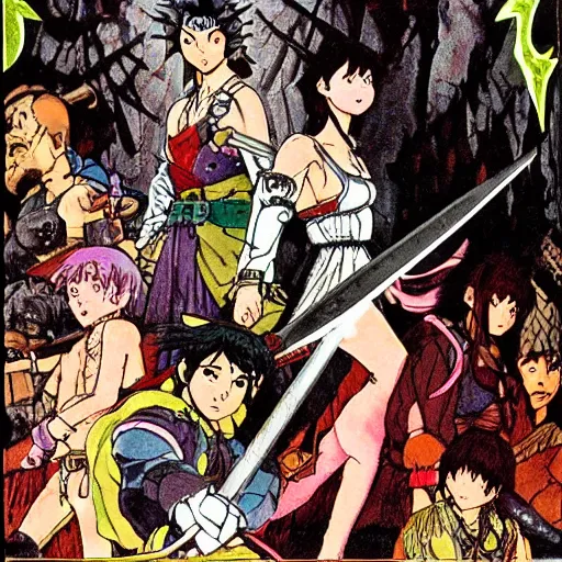 Image similar to An adventuring party navigating a dark dungeon, fantasy, D&D, detailed, 1990's Japanese OVA still, Yuuki Nobuteru