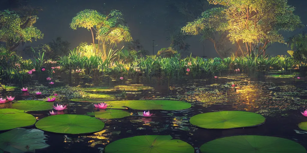 Prompt: dreamy pond full of lotus flowers at night, concept art, render by octane and blender, hyper realistic, cinematic lighting, unreal engin 5, by krenz cushart, 8 k, vray render, artstation, deviantart