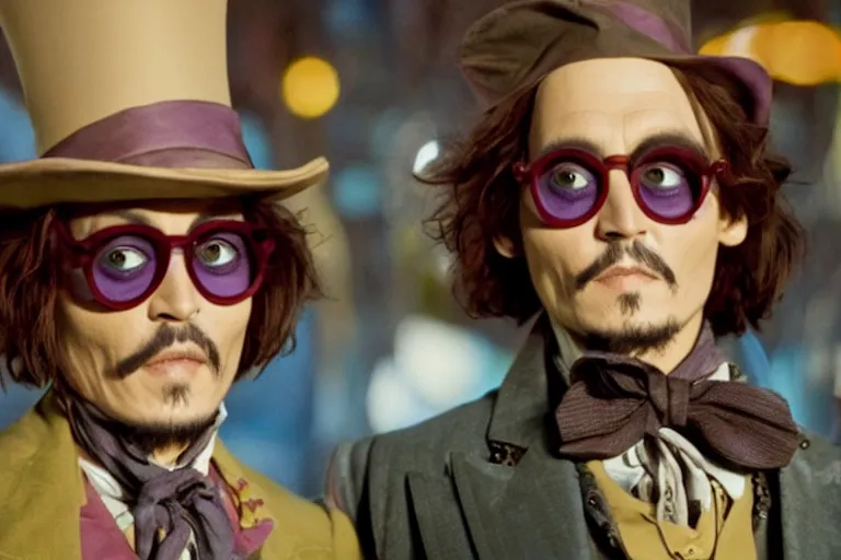 Image similar to johnny depp as a character in tim burton's willy wonka's chocolate factory movie, all faces are distorted contorted, shock, repulsion, disgust, annoyance, cinematic still, movie still, long lens, shallow depth of field, bokeh, anamorphic lens flare, 8 k