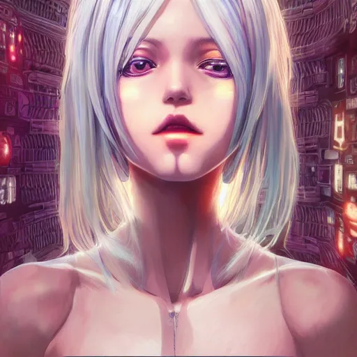 Prompt: portrait Anime girl cyberpunk, cute-fine-face, dark skin, white-hair pretty face, realistic shaded Perfect face, fine details. Anime, cyberpunk. realistic shaded lighting by Ilya Kuvshinov and Gustav Klimt