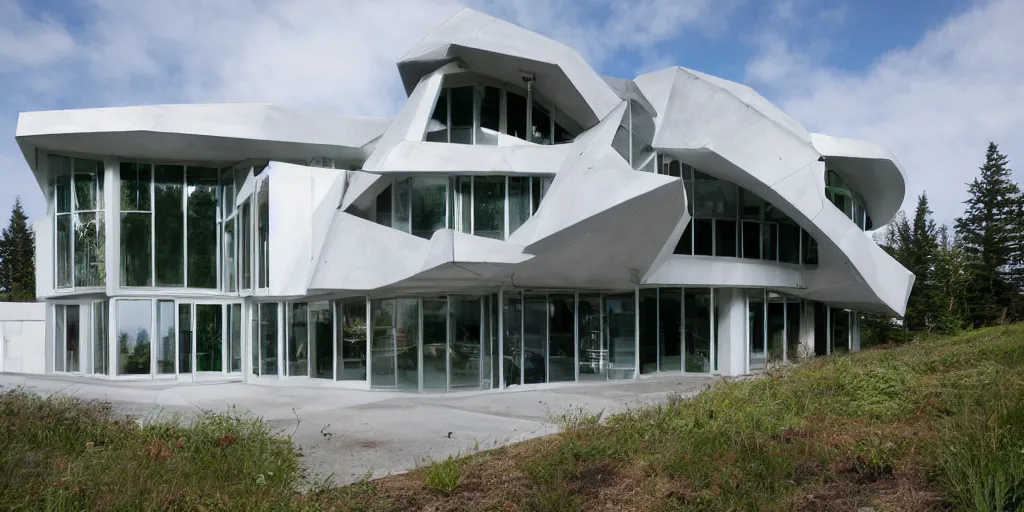 Prompt: large modern futuristic residence, pacific northwest, sunny, white concrete, large geodesic windows, long features, right angles