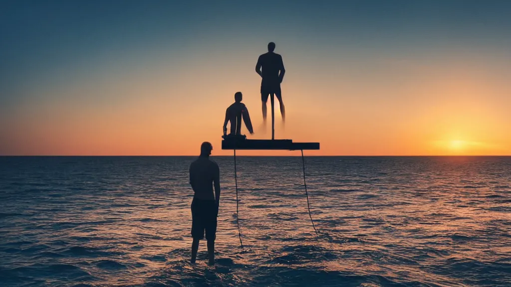 Image similar to a movie still of a man standing on the roof of a car driving through the ocean at sunset, golden hour