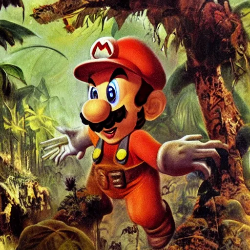 Image similar to super mario lost in mystic jungle on oil painting by frank frazetta