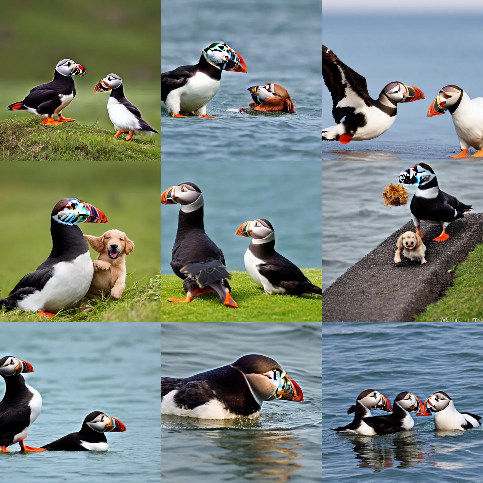 Prompt: a puffin and a golden retriever playing together