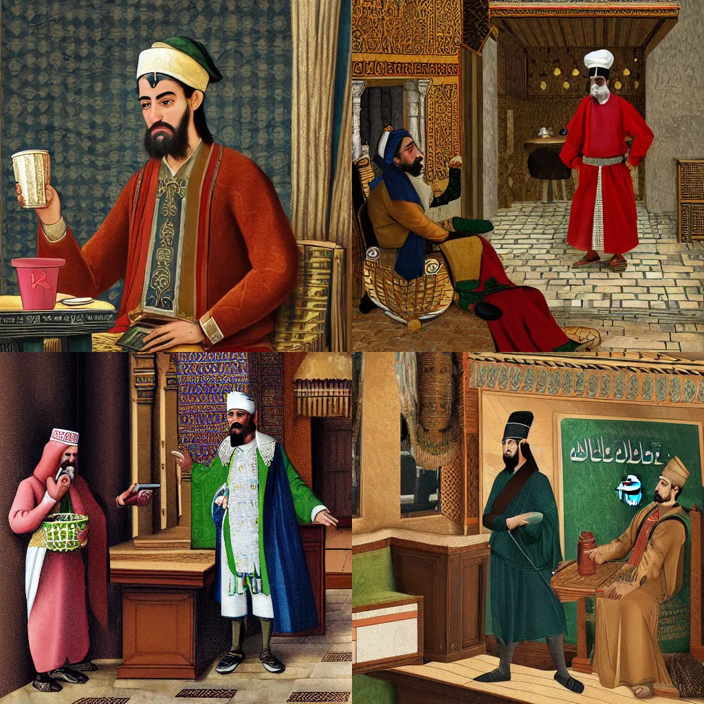 Prompt: kanuni Sultan suleyman waiting his starbucks order in 1500s istanbul, detailed photorealistic digital art