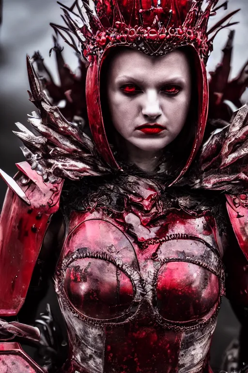 Image similar to the blood crown queen wear the scarlet armor, cinematic lighting, various refining methods, micro macro autofocus, ultra definition, award winning photo