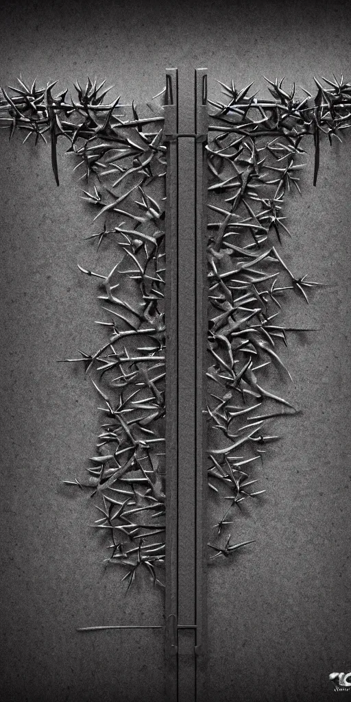 Image similar to a photorealistic render of a japanese gate, with thorns in neotribal style, on a black background, greyscale, made of melted plastic and marble, c 4 d, by zhelong xu ouchh studio and ernst haeckel, wide angle, hyper realistic, plain black background, 8 k, volumetric lightning, octane render