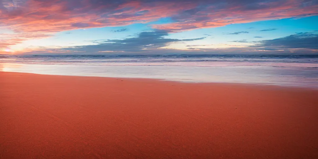 Prompt: Australian Beach, red!! sand, golden hour, Canon EOS R3, f/1.4, ISO 200, 1/160s, 8K, RAW, unedited, symmetrical balance, in-frame