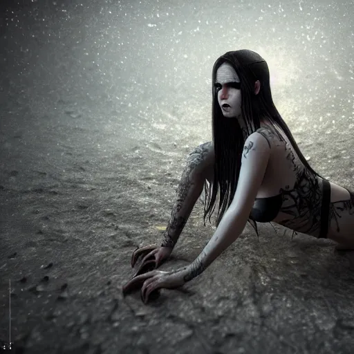 Image similar to full body pose, hyperrealistic photograph of a gothic bikini, dim volumetric lighting, 8 k, octane beautifully detailed render, extremely hyper detailed, intricate, epic composition, cinematic lighting, masterpiece, trending on artstation, very very detailed, stunning, hdr, smooth, sharp focus, high resolution, award, winning photo, dslr, 5 0 mm